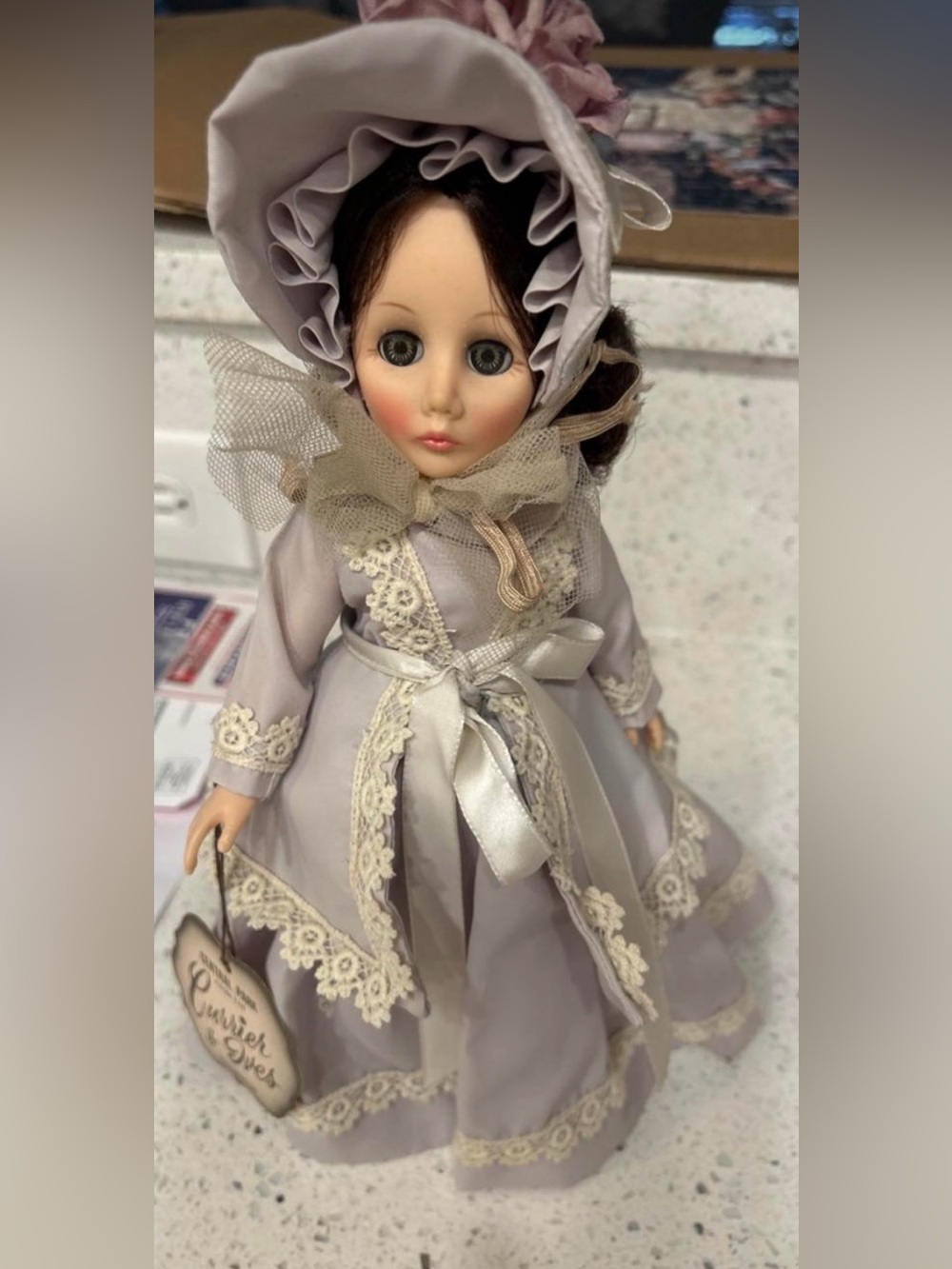Porcelain Fashion Doll in Light Gray Lace Dress with Bonnet